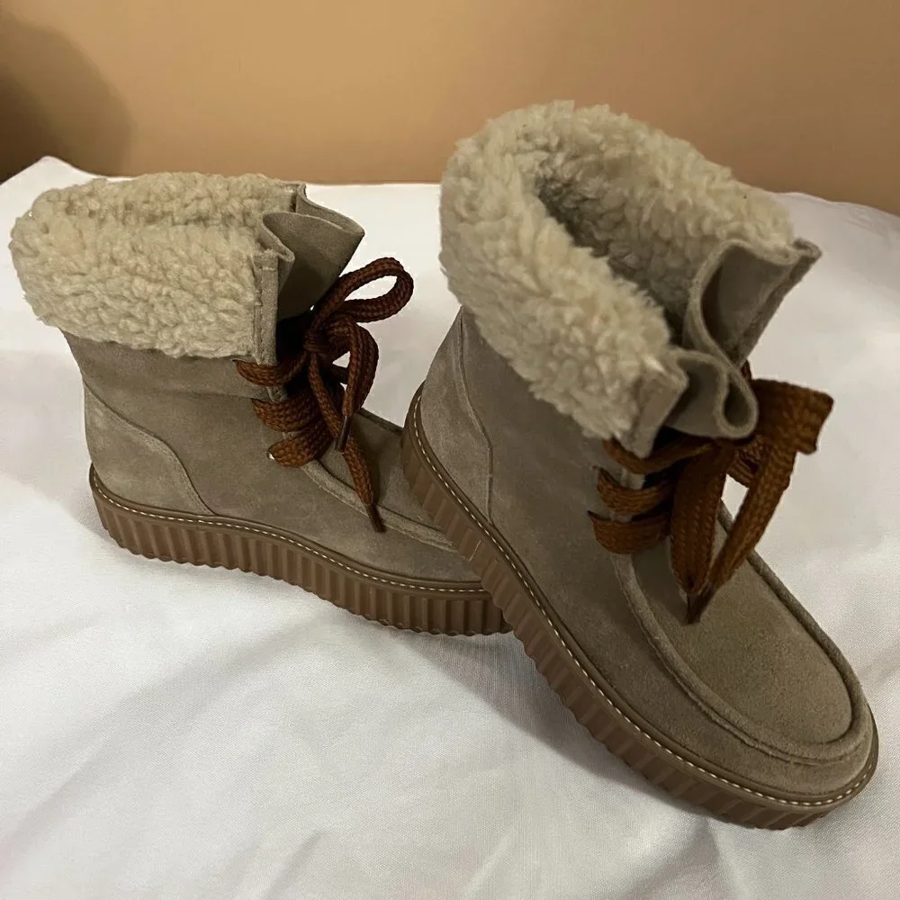 ASTER Dorit Boots Platform Suede Taupe Faux Alpaca Cream Lug Sole Women's 6 NWB